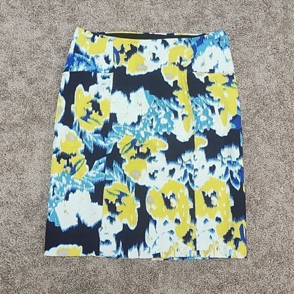 Lysse Charity Pencil Skirt Navy Yellow Abstract Floral Elastic Waist Medium - Picture 2 of 6